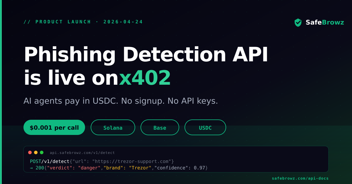 SafeBrowz Detection API on x402 launch banner